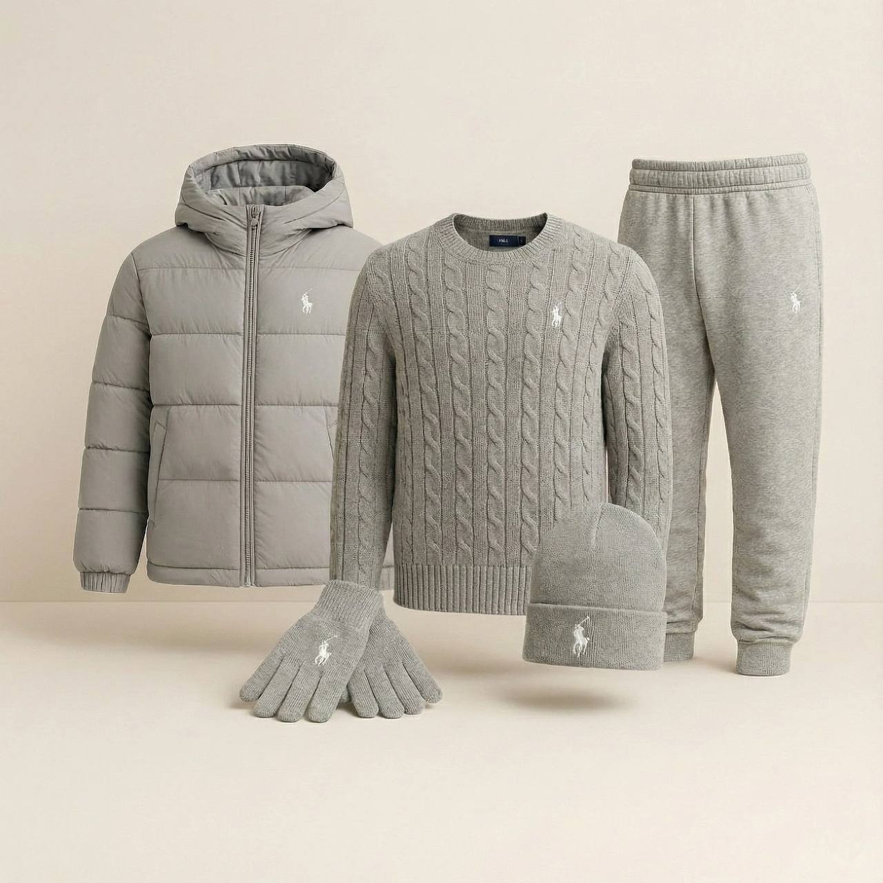 PRL™ Winter Casual Set – Sweater, Winter Puffer, Cap, Gloves